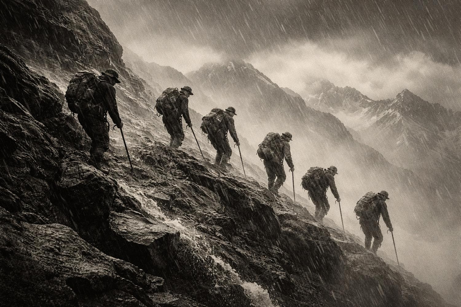 Six mountaineers trekking through stormy mountains (Reimagined with AI)