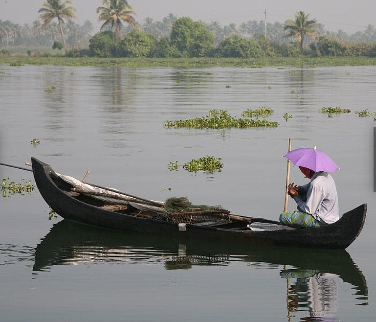 A fisherman paddling a boat