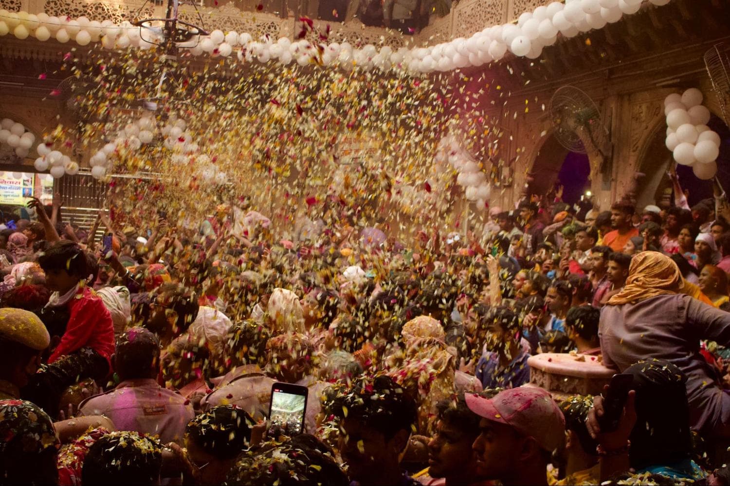 Holi celebrations with flower petals at Banke Bihari Temple