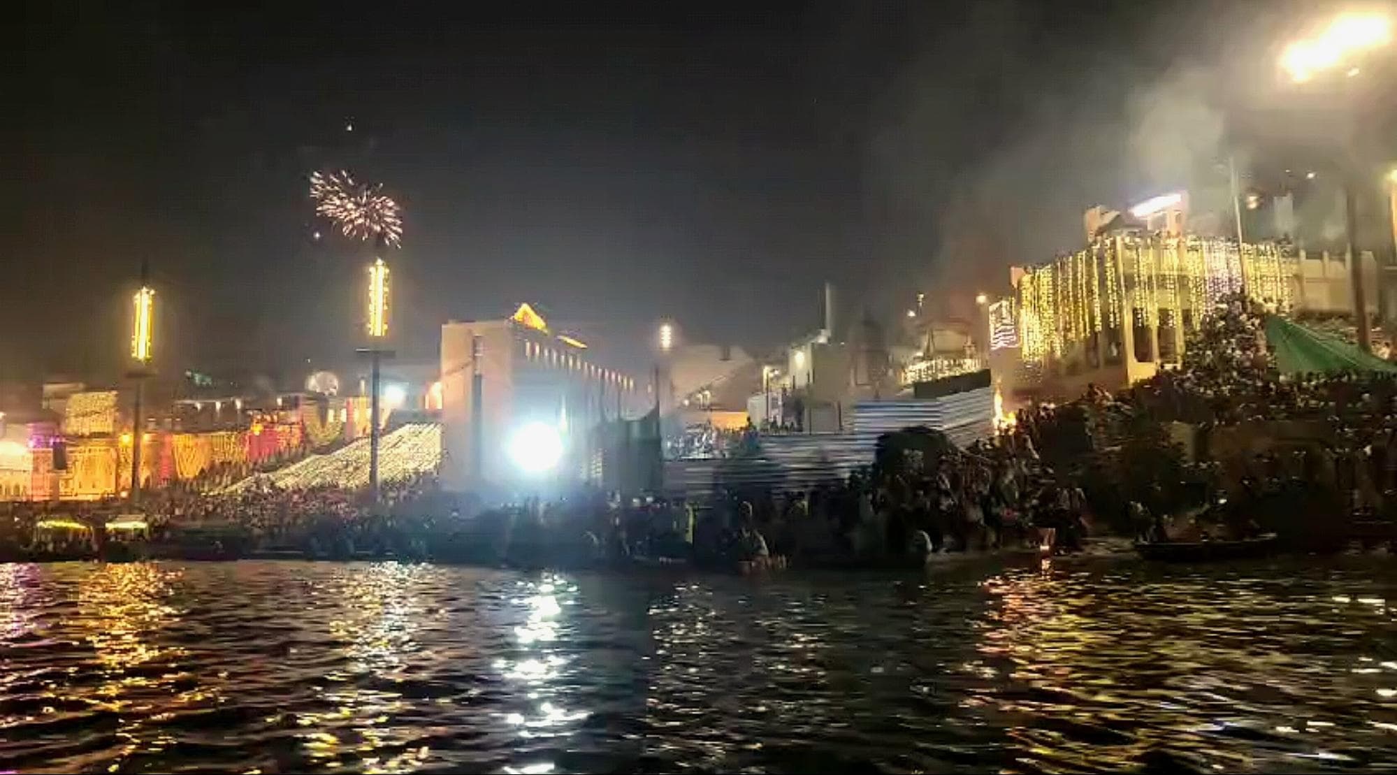 People gathered to see the Fireworks and Lightings of the grandest of Dev Deepawali celebrations at Dashashwamedh Ghat